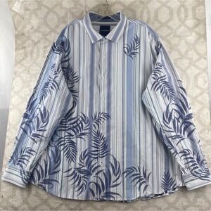 Tommy Bahama Mens 3XL Blue White Striped Tropical Palm Long Sleeve Button Shirt